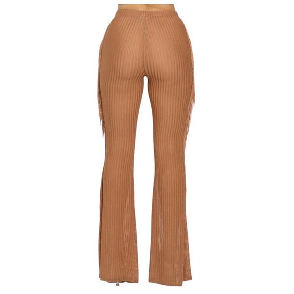 Side Fringe Knit Flare Leg Pants Size S Caramel Brown Sheer Cowgirl Costume NWT - Picture 4 of 15